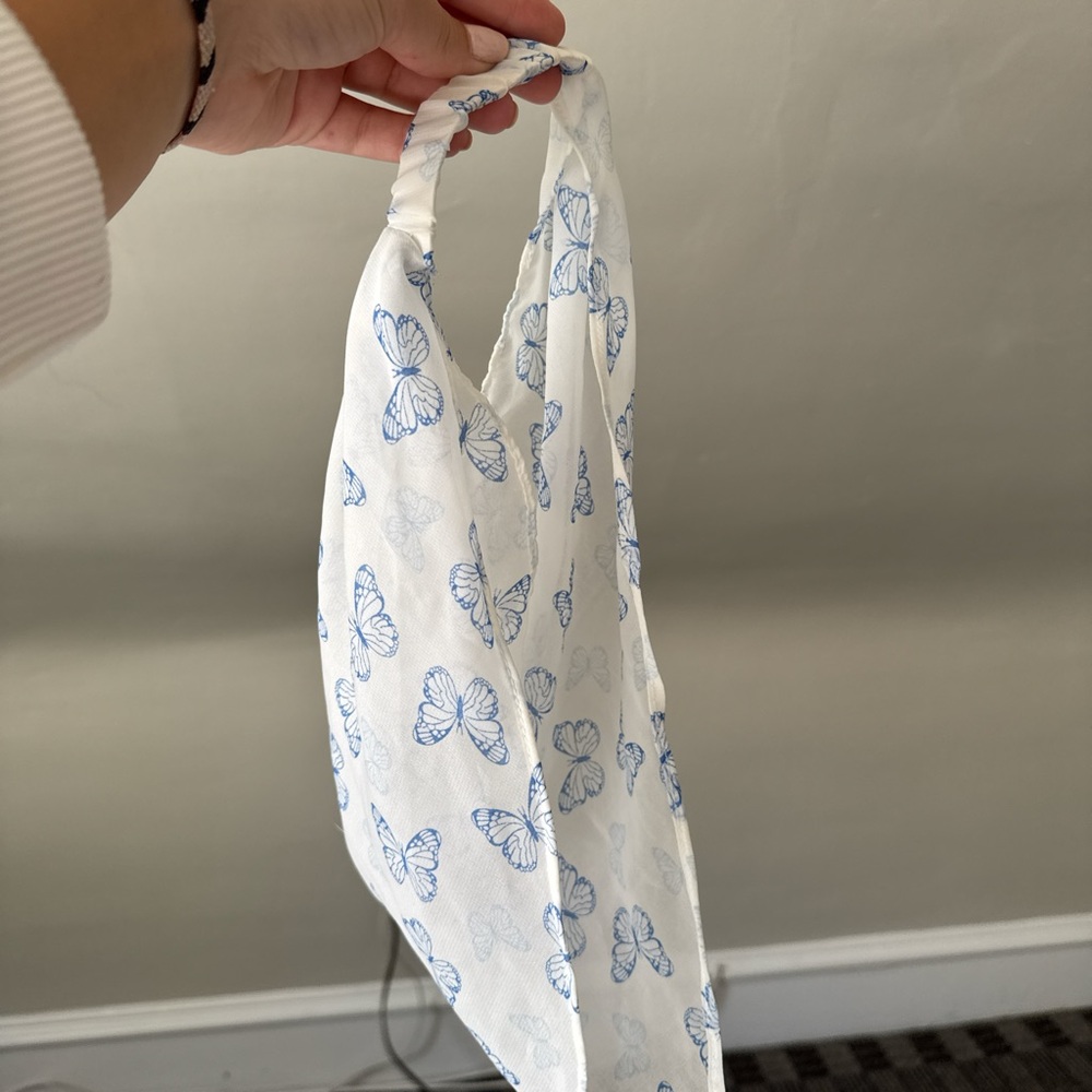 blue and white butterfly head scarf